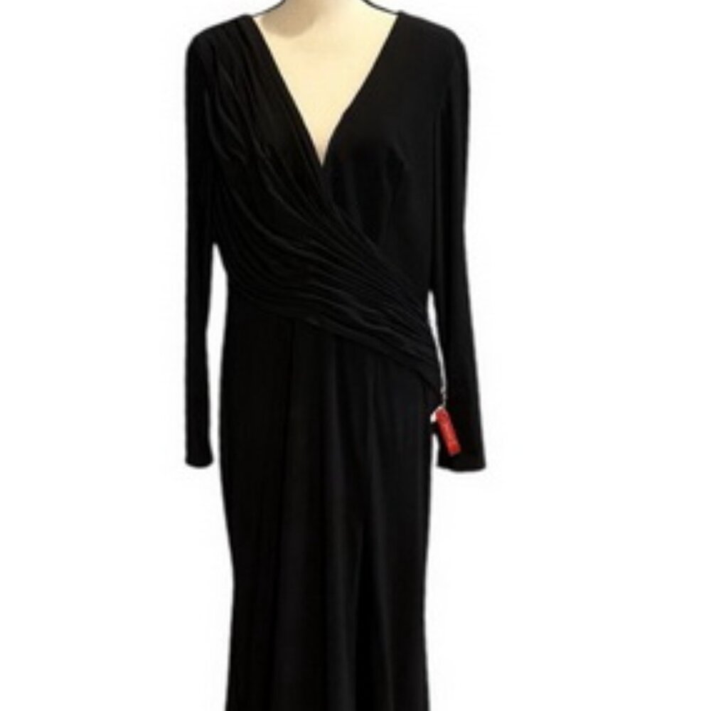Mac Duggal Black Long Sleeve Wrap Front Side Beaded Fringe Gown - Picture 1 of 5